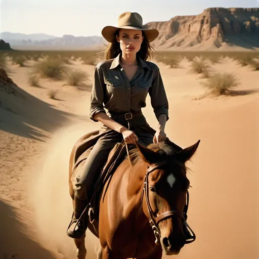 Prompt: Young Angelina Jolie riding a horse through the desert, end of day lighting, heavy shadows