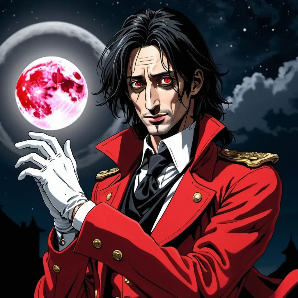 Prompt: Adrien Brody as Alucard from hellsing anime wearing red outfit and white gloves, red full moon in night sky, high contrast, detailed face, 2D, anime style