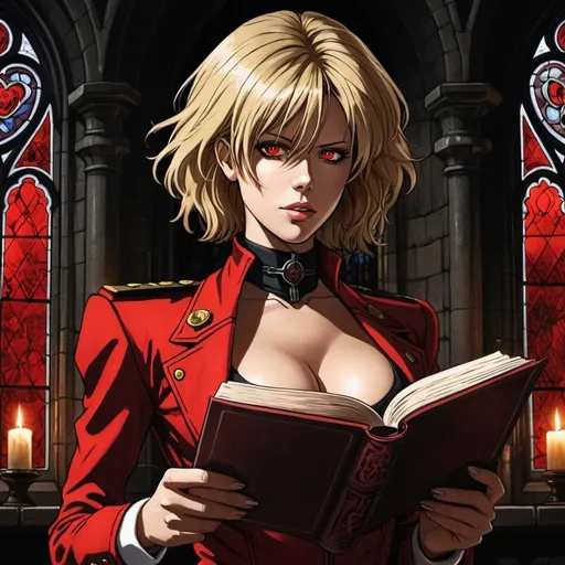 Prompt: Kate Beckinsale as Seras Victoria from Hellsing anime, with blonde hair, glowing red eyes, large chest, reading book by candlelight, dark castle interior with gothic stain glass windows, high contrast, detailed face, realistic