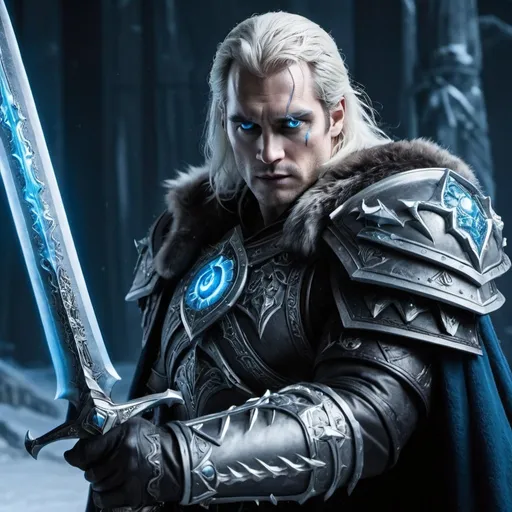 Prompt: Henry Cavill as Arthas the Lich King from world of warcraft pointing the shadowmourne sword at camera, white hair, blue glowing eyes, frosted, blizzard, night, evil expression 