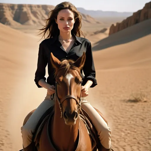 Prompt: Young Angelina Jolie riding a horse through the desert, end of day lighting, heavy shadows