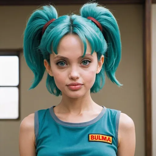 Prompt: Young Angelina Jolie as Bulma from Dragon Ball anime