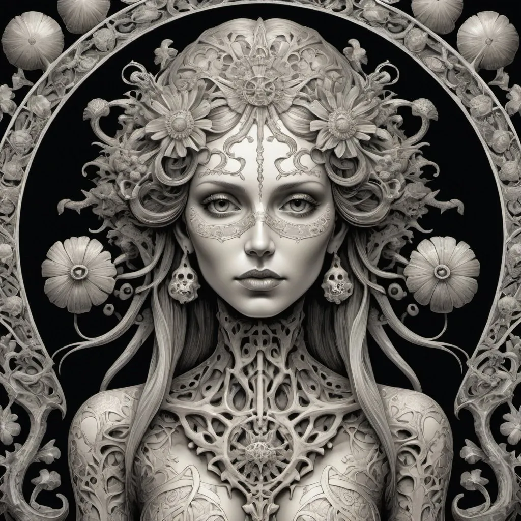 Prompt: Symmetrical + ((Jynx)) + middle close up + evil + lace + gothic + occult + dangerous + goddess of death + skulls + dark magical symbolism + high detail + hyperdetailed + elegant + intricate+ frightening + memento mori by arthur rackham, art forms of nature by ernst haeckel, exquisitely detailed, art nouveau, gothic, ornately carved beautiful full body of woman dominant, intricately carved antique bone, art nouveau botanicals, ornamental bone carvings, art forms of nature by ernst haeckel, horizontal symmetry, arthur rackham, ernst haeckel, symbolist, visionary