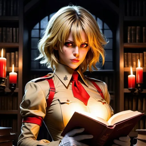 Prompt: Kate Beckinsale as Seras Victoria from Hellsing anime, with blonde hair, red glowing eyes, wearing tight and tan uniform, large chest, reading book by candlelight, dark castle interior with dusty wooden bookcase, air particles, high contrast, detailed face, anime art style