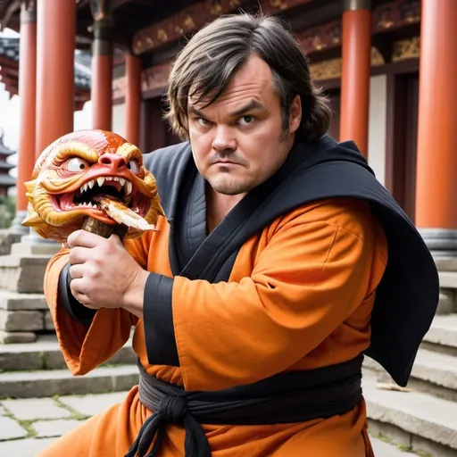 Prompt: Jack Black with black hair as Yadjirobe from Dragon ball Z eating a giant turkey leg in a temple, orange robes, samurai sword in black sword sheath at side, detailed face