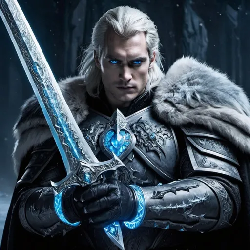 Prompt: Henry Cavill as Arthas the Lich King from world of warcraft posing with the shadowmourne sword, white hair, blue glowing eyes, frosted, blizzard, night