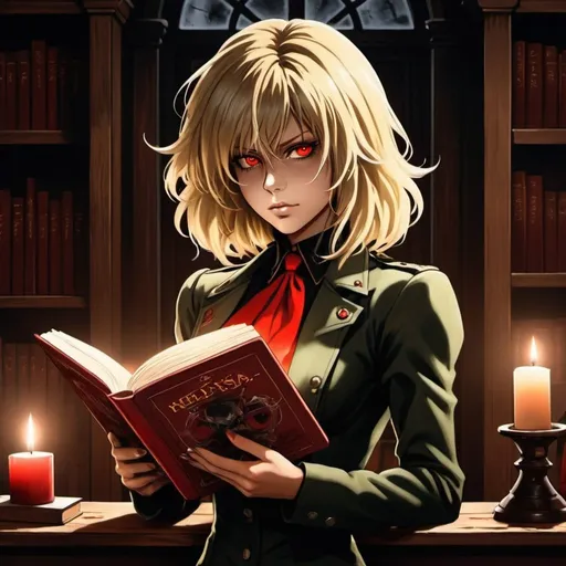 Prompt: Kate Beckinsale as Seras Victoria from Hellsing anime, with blonde hair, glowing red eyes, reading book by candlelight, dark castle interior with dusty wooden bookcase, air particles, high contrast, detailed face, anime style