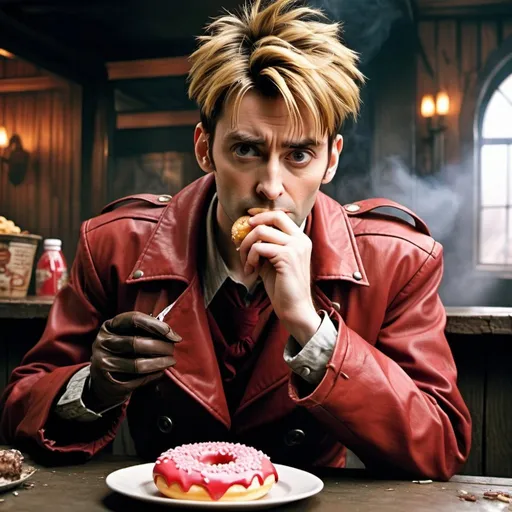 Prompt: Young adult David Tennant as Vash the Stampede from Trigun, is sitting in a post-apocalyptic saloon eating a donut, smokey atmosphere, high contrast, realistic