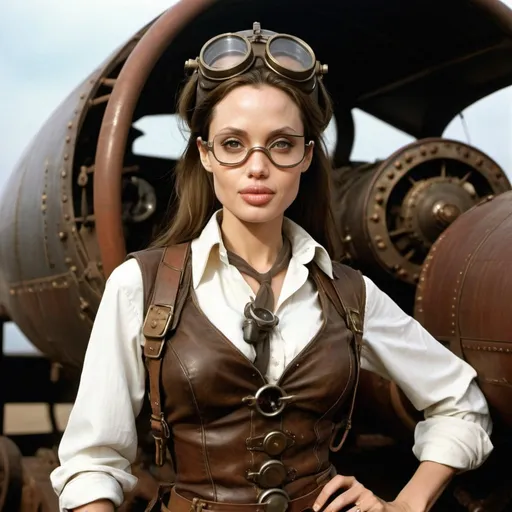 Prompt: Young Angelina Jolie, steam punk clothes, engineering goggles, large chest, piloting aircraft, rustic pipes, steam