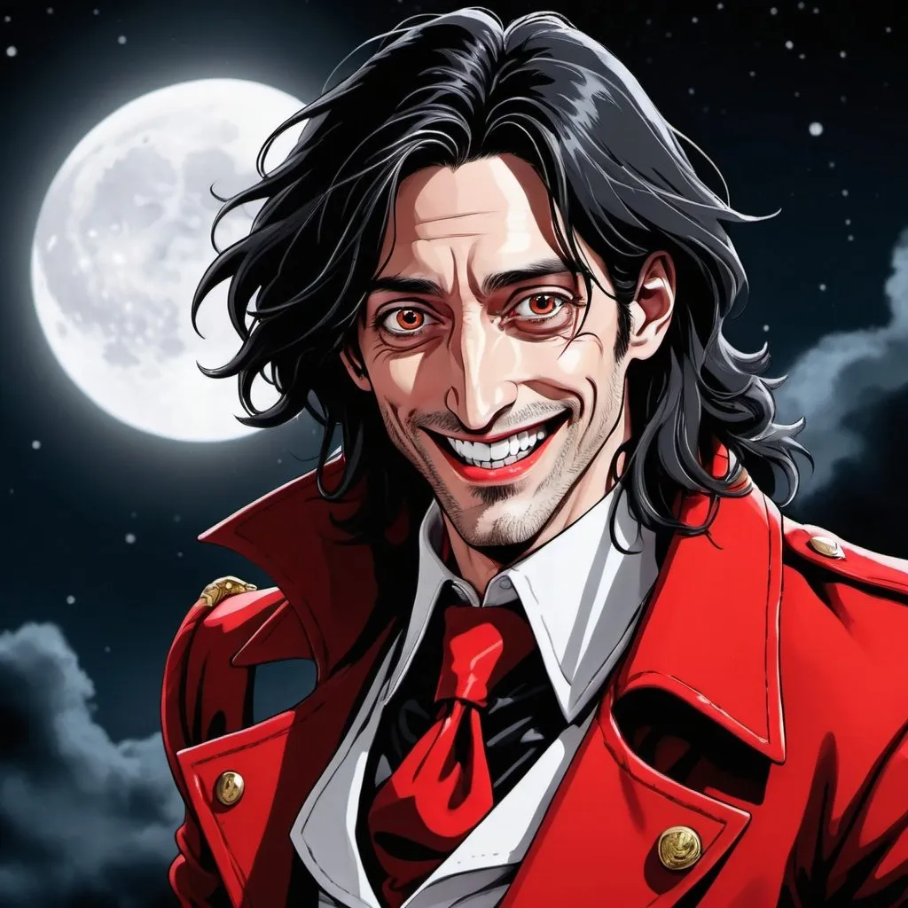 Prompt: Adrien Brody as Alucard from hellsing anime wearing red outfit and white gloves, smiling with vampire fangs, red full moon in night sky, high contrast, detailed face, 2D, anime style