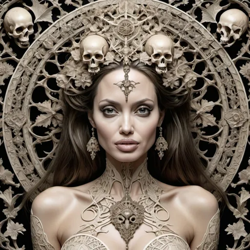 Prompt: Symmetrical + ((Angelina Jolie)) + middle close up + evil + lace + gothic + occult + dangerous + goddess of death + skulls + dark magical symbolism + high detail + hyperdetailed + elegant + intricate+ frightening + memento mori by arthur rackham, art forms of nature by ernst haeckel, exquisitely detailed, art nouveau, gothic, ornately carved beautiful full body of woman dominant, intricately carved antique bone, art nouveau botanicals, ornamental bone carvings, art forms of nature by ernst haeckel, horizontal symmetry, arthur rackham, ernst haeckel, symbolist, visionary