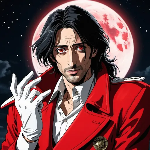 Prompt: Adrien Brody as Alucard from hellsing anime wearing red outfit and white gloves, red full moon in night sky, high contrast, detailed face, 2D, anime style