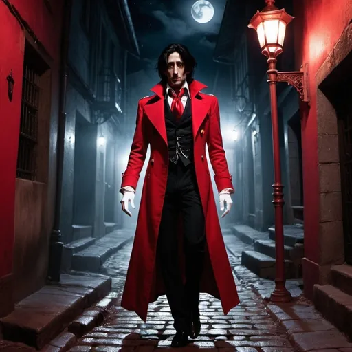 Prompt: Adrien Brody as Alucard from hellsing anime wearing red outfit and white gloves, walking down cobblestone alleyway, red full moon in night sky, red fog on ground, lamp light, high contrast, detailed face, photo, realistic 