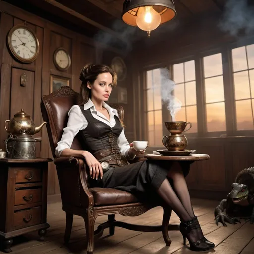 Prompt: Young Angelina Jolie is wearing steampunk clothing steam and sitting on a chair at a wooden table sipping tea from tea cup, end of day lighting, zeppelin in sky, velociraptor sleeping on floor