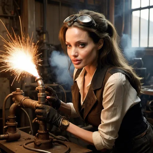 Prompt: Young Angelina Jolie is wearing steampunk clothing steam and welding rustic pipes, end of day lighting, sparks flying from welding torch