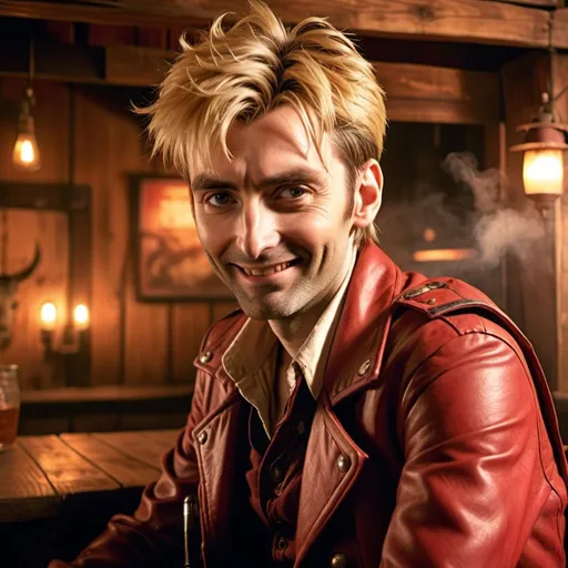 Prompt: Young adult David Tennant as Vash the Stampede from Trigun with blonde hair, is smiling in an old cowboy saloon, happy, rustic western interior, dust particles, high contrast, realistic, end of day lighting