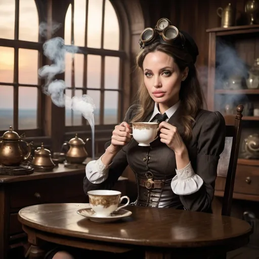 Prompt: Young Angelina Jolie is wearing steampunk clothing steam and sitting on a chair at a wooden table sipping tea from tea cup, end of day lighting, zeppelin in sky