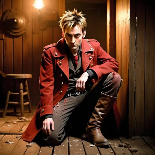 Prompt: Young adult David Tennant as Vash the Stampede from Trigun, is crouched against the wall of an old cowboy saloon, rustic western interior with broken wooden chairs and bullet casings scattered on the floor dust particles, bullet holes in walls with light shafts coming through, high contrast, realistic, end of day lighting