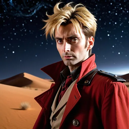 Prompt: Young adult David Tennant as Vash the Stampede from Trigun, is running across a desert scape, night time, starry sky, high contrast, realistic