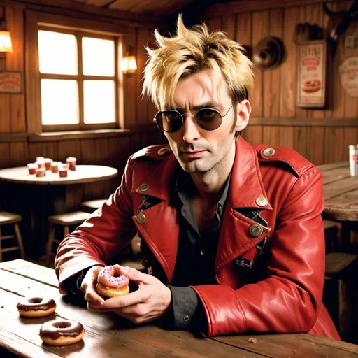 Prompt: Young adult David Tennant as Vash the Stampede from Trigun with blonde hair wearing small round sunglasses, sitting in an old cowboy saloon with a donut on the table, happy expression, rustic western interior, dust particles, high contrast, realistic,