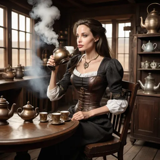 Prompt: Young Angelina Jolie is wearing steampunk clothing steam and sitting on a chair at a wooden table sipping tea, 1 teapot on table, end of day lighting, zeppelin in sky