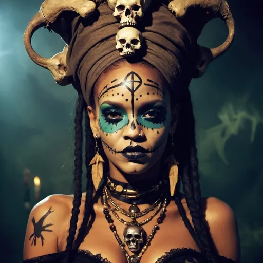 Prompt: Rhianna as a voodoo witch doctor with skull makeup.