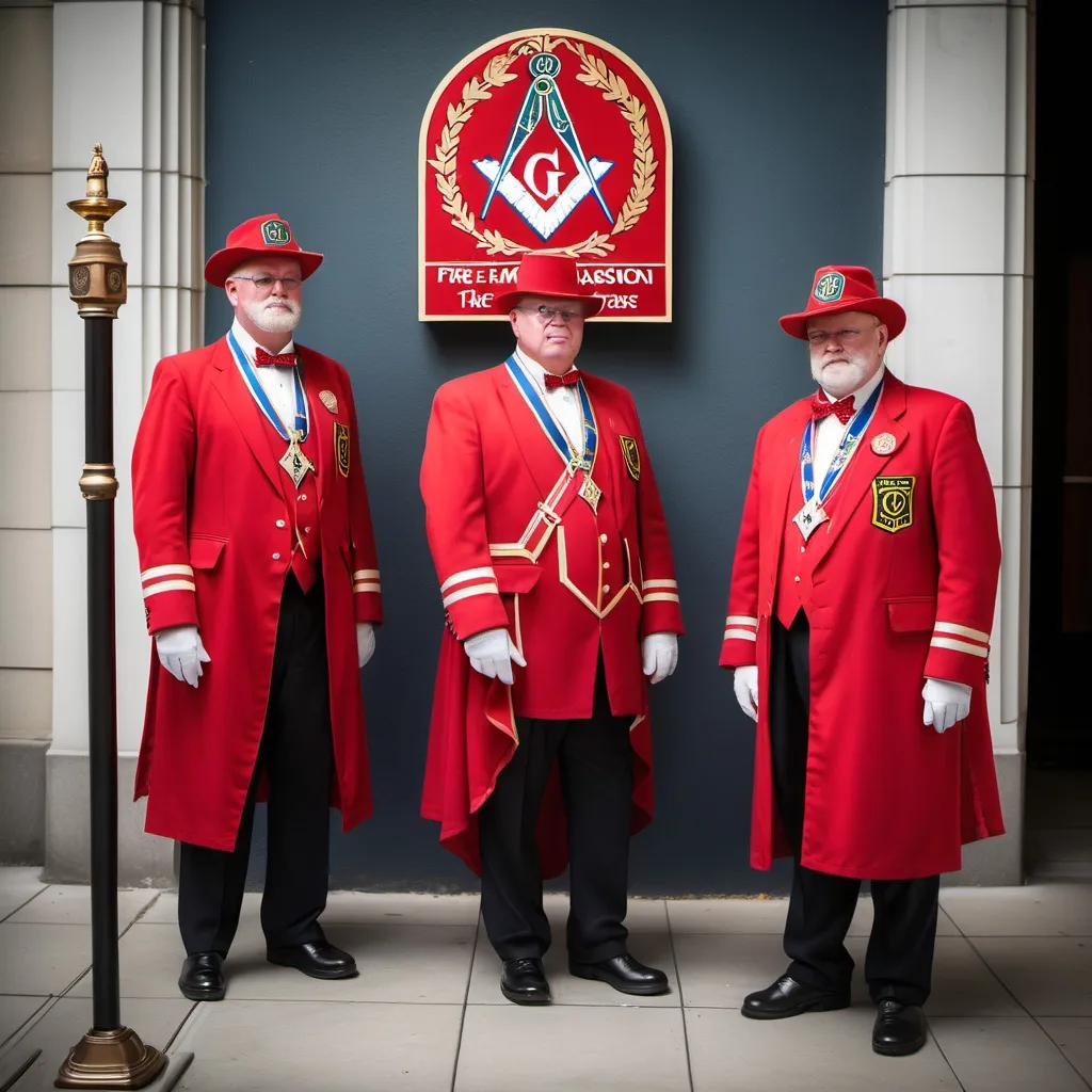 Prompt: Give us images Freemason Members wearing a red regalia Standing beside the RED MASON Signboard 