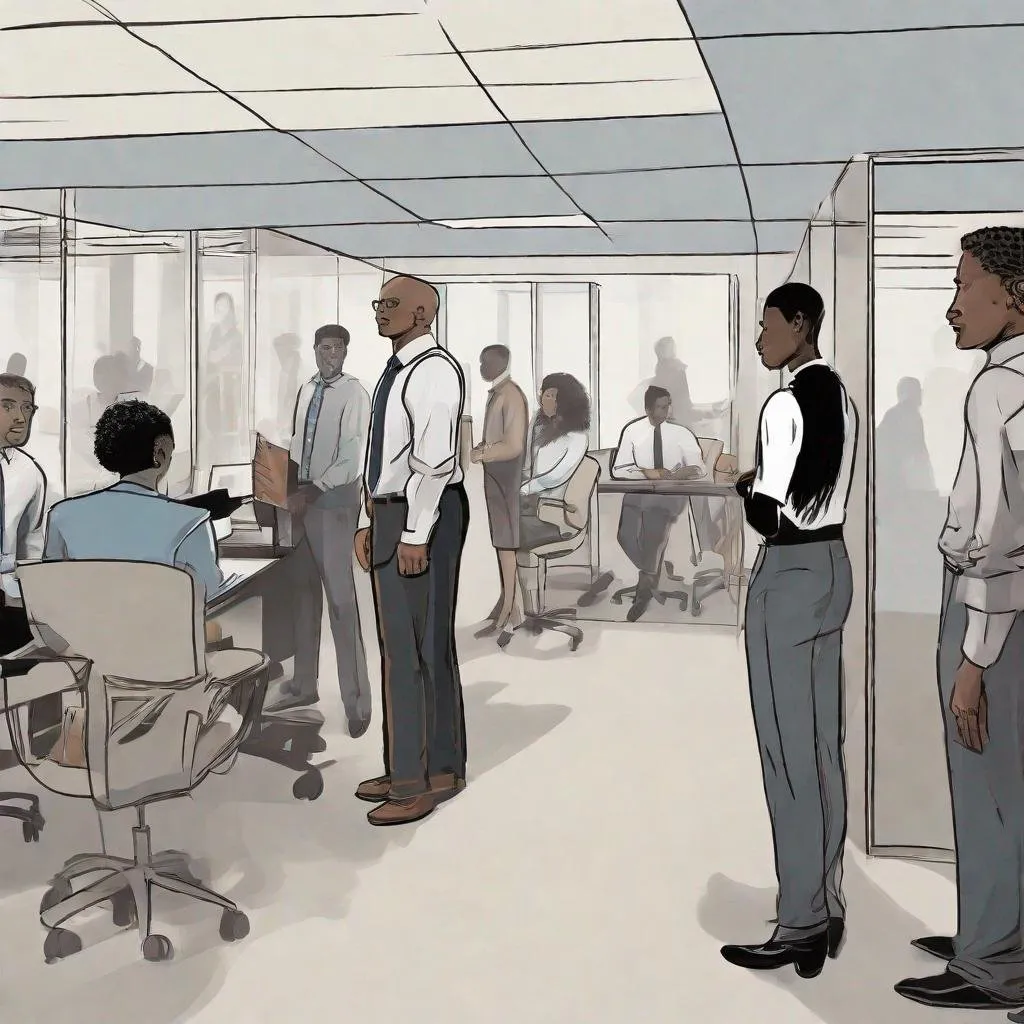 Prompt: "Create an illustration for 'Unspoken Truth 3: Invisible Walls: The Insidious Persistence of Discrimination in the Modern Workplace.' The scene should depict a diverse group of employees in an office setting, with subtle, transparent barriers or walls separating certain individuals or groups. These barriers should symbolize the unseen yet persistent discrimination that exists. The expressions of those behind the barriers should convey a sense of isolation or frustration, while others appear unaware or indifferent. Use a color palette inspired by the cover colors in the attached image, incorporating shades of blue, green, and neutral tones to highlight the contrast between inclusion and exclusion. The overall mood should subtly convey the ongoing struggle against discrimination in the workplace while emphasizing the need for awareness and inclusivity."







