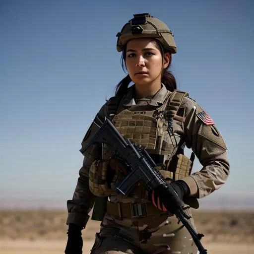 Prompt: Woman, soldier, in tactical gear, american flag, serious