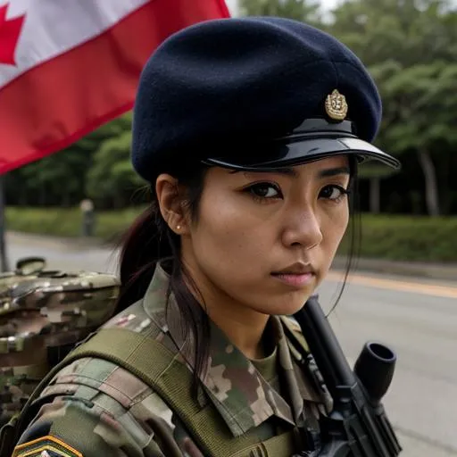 Prompt: Woman, soldier, in tactical gear, japan flag, serious