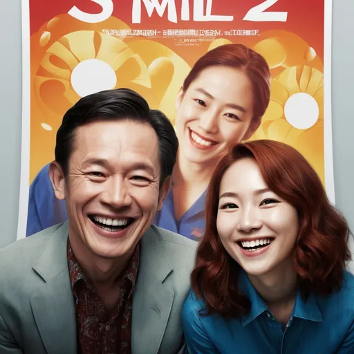 Prompt: a smiling man and woman are in front of a poster for smile 2, a film about the same person, Dong Kingman, serial art, key art, a poster