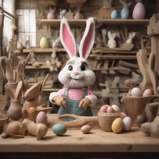 Prompt: Easter bunny in a wood workshop