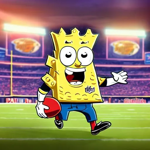 Prompt: Cartoon-like king sponge catching NFL football on a football field, catching NFL football, gold crown on sponge, sponge character, fantasy, profile picture, vibrant colors, detailed illustration, high quality, cartoon style, royal blue and gold tones, dramatic lighting
