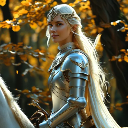 Prompt: Galadriel from lord of the rings, in  her elven armor on horseback riding through Rivendell forest. The trees are an autumn hue and golden light bounce off her  white hair. Galadriel is softly smiling, her eyes hinting with a presence of joy. Her white robes underneath her armor are flowing in the wind, gracefully cascading along the horses body. The horse is also white and is of muscular steed, riding in action to war. Her elven armor is glistening silver with a sword sheath, and a sword handle sticking out. 