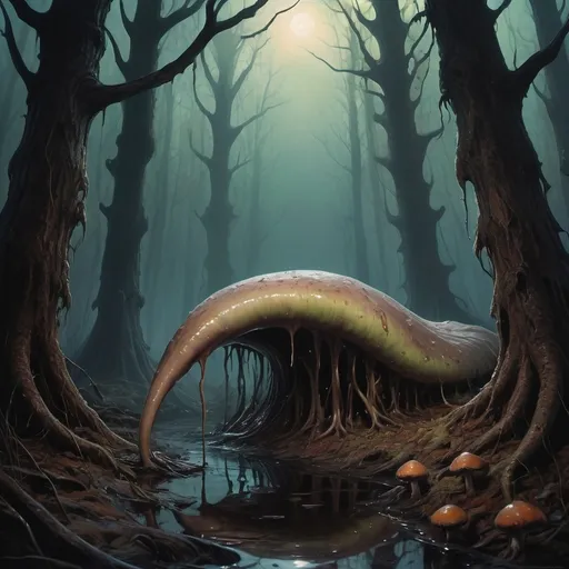 Prompt: Surreal horror. Medium shot. A 20-foot tall, 10-foot long slug creature stands alone in a melting, eerie landscape. Low-angle shot. Oil on canvas, vivid colors. Thick, gloopy tendrils stretch down from its body, as if melting into the ground, evoking a sense of eerie, dreamlike unease. The creature's slimy skin glows softly, illuminated by the faint, flickering light of luminescent mushrooms growing from its back. A dark, foreboding forest looms in the background, the trees twisting and writhing like tortured, nightmarish visions. Flickering, warm lighting, high contrast