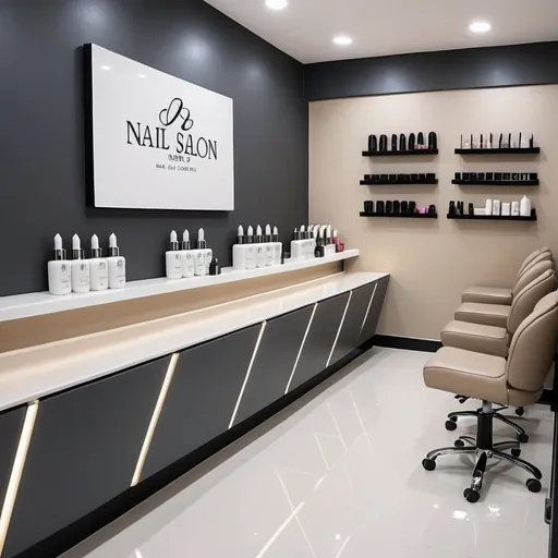 Prompt: nail salon, 6 workers, fine lines, well designed, logo colors: dark grey and light beige, clean, sophisticated, smells good, order, 