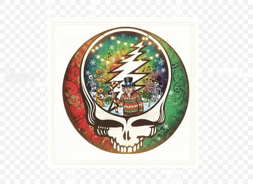 Prompt: Imagine a vibrant, Christmas-themed rendition of the iconic Grateful Dead “Steal Your Face” logo. This logo is adorned with swirling patterns of festive red and green, along with other Christmas colors, all over the “Steal Your Face.” The logo intricately blends mermaid blues, vibrant reds, and sunlit golds from Grateful Dead’s artwork, creating a whimsical spirit. Inside the “Steal Your Face,” there’s a winter wonderland scene. Fluffy snowflakes drift lazily through the “Steal Your Face” under soft, twinkling Christmas lights. Dusting snowflakes, dancing bears, terrapin turtles dancing with a banjo and a tambourine, the iconic Grateful Dead dancing skeletons, the iconic Uncle Sam in a hideous patterned Christmas sweater, an iconic top hat, and a candy cane Christmas walking cane are all part of this scene. Musical notes swirl through the tied-dyed sky. The “Steal Your Face” is the only design in the image with a fully transparent background. The scene glows softly with warm, golden light, evoking a sense of nostalgia and celebration. This enchanting artwork could be captured in a whimsical, illustration style, enhancing the whimsical Grateful Dead psychedelic essence.