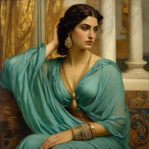 Prompt: half body, pretty greek woman, 25 year old, olive tanned skin (sharp features, high cheekbones, almond-shaped brown eyes, prominent Greek nose), aqua chiton dress, draped and pleated, gold ancient jewellery, orientalist portrait, oil painting, featured on cg society, pre-raphaelitism, pre-raphaelite, enchanting, elegant, masterpiece, intricate detail