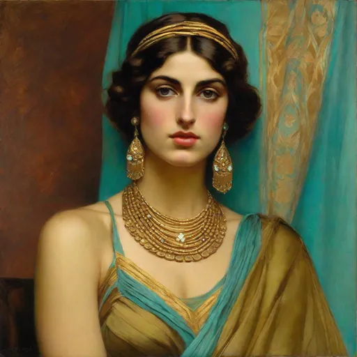 Prompt: half body, pretty greek woman, 25 year old, olive tanned brown skin (sharp features, high cheekbones, almond-shaped brown eyes, prominent Greek nose), aqua chiton dress, draped and pleated, gold ancient jewellery, orientalist portrait, oil painting, featured on cg society, pre-raphaelitism, pre-raphaelite, enchanting, elegant, masterpiece, intricate detail