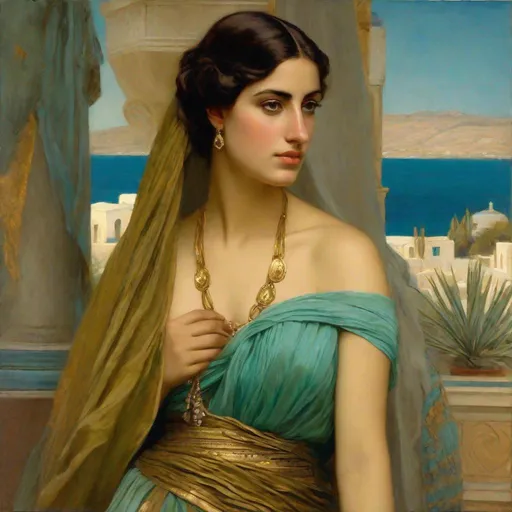 Prompt: half body, pretty greek woman, 25 year old, olive tanned brown skin (sharp features, high cheekbones, almond-shaped brown eyes, prominent Greek nose), aqua chiton dress, draped and pleated, gold ancient jewellery, orientalist portrait, oil painting, featured on cg society, pre-raphaelitism, pre-raphaelite, enchanting, elegant, masterpiece, intricate detail