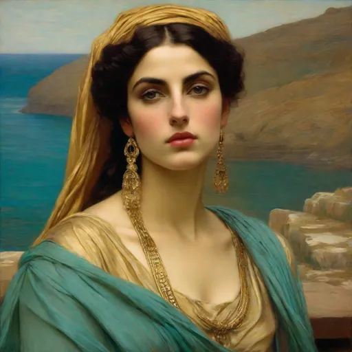 Prompt: half body, pretty greek woman, 25 year old, olive tanned skin (sharp features, high cheekbones, almond-shaped brown eyes, prominent Greek nose), aqua chiton dress, draped and pleated, gold ancient jewellery, orientalist portrait, oil painting, featured on cg society, pre-raphaelitism, pre-raphaelite, enchanting, elegant, masterpiece, intricate detail