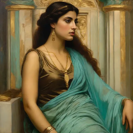 Prompt: half body, pretty greek woman, 25 year old, olive tanned brown skin (sharp features, high cheekbones, almond-shaped brown eyes, prominent Greek nose), aqua chiton dress, draped and pleated, gold ancient jewellery, orientalist portrait, oil painting, featured on cg society, pre-raphaelitism, pre-raphaelite, enchanting, elegant, masterpiece, intricate detail