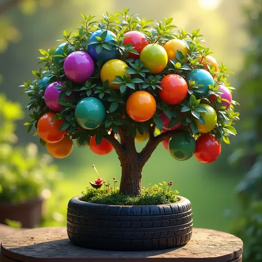 Prompt: "A fantastical, vibrant tree with round fruits in a perfect gradient of rainbow colors, including purple, blue, green, yellow, orange, and red. The tree is lush with small green leaves and planted in a recycled black rubber tire planter. The scene is set in a soft-focus garden background with glowing sunlight. The fruits are shiny and perfectly round, giving a surreal, dreamlike effect. Highly detailed, colorful, and whimsical."