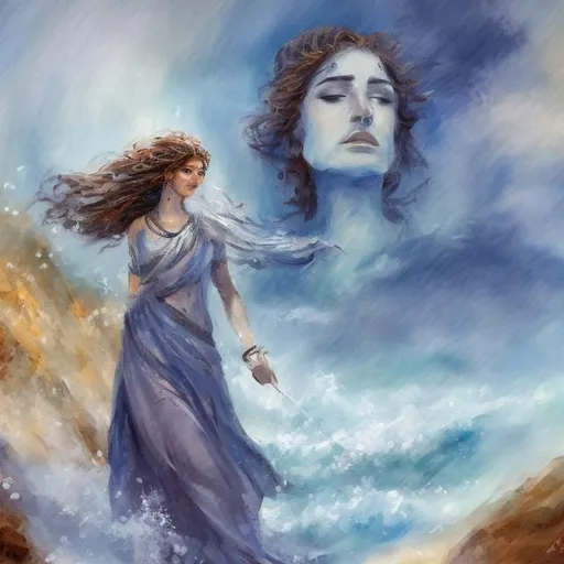 Prompt: Impressionist style painting of orithya,  goddess of cold mountain winds