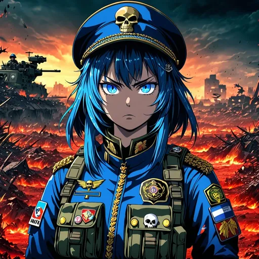 Prompt: (catgirl army commander), (intimidating expression), striking blue eyes, wearing a detailed military uniform with tactical gear, adorned with badges and insignias, a unique skull hat embellishing the look, fierce aura, background of a war-torn landscape, (vibrant anime style), dramatic lighting emphasizing her presence, (highly detailed, 4K, ultra-detailed image).