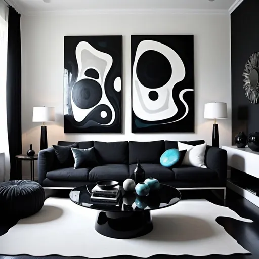 Prompt: I would like to have a living room with black tones , funky and pillows in black with cool colors , abstract art , table in white