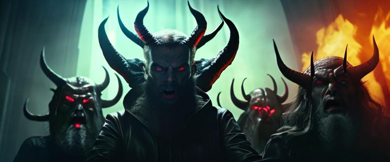 Prompt: satan stands at the center reading an FBI report with his large horns visible and his arms around two of his disciples while his other disciples kneel around him in a the depths of hell as satan saunters across the underworld, closeup!!!, photorealistic facial features, trending on artstation, 4 k photorealism, unsplash, shots by [zelioshoot, saeedkarimi]