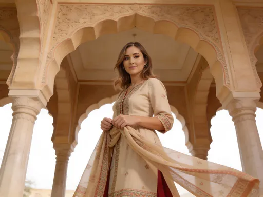 Prompt: @woP6HyvrjbIkJUPdSiNr is standing under heritage arches, hands gently holding dupatta, wearing a fusion outfit, photographed from a cinematic low angle. natural body movement, candid travel photography, realistic lighting, cultural lifestyle aesthetic, soft shadows, shallow depth of field, ultra-realistic details.