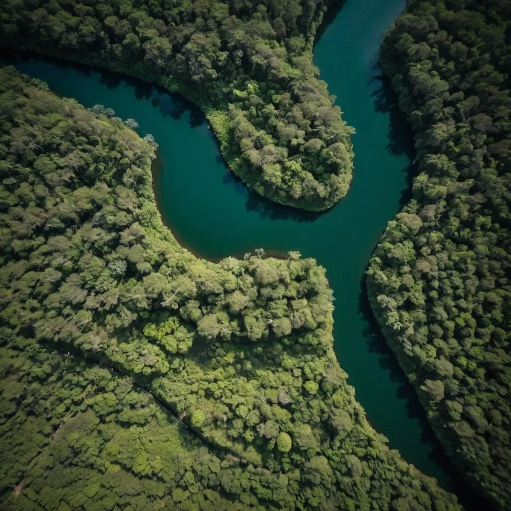 Prompt: uma foto aerea de uma floresta com um rio bordado com pedrarias no meio 