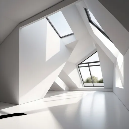 Prompt: A highly detailed, photorealistic rendering of a modern minimalist attic space designed as an art gallery. The attic features an asymmetrical roof with one diagonal ceiling. The room showcases impeccably smooth, white walls and ceiling, with no visible structure, and a pristine white diagonal ceiling. The seamless white floor complements the high-quality, clean finish. The space is completely empty, with no furniture, artworks, or decorations, creating a non-domestic ambiance. Soft, shadowless illumination provides a crisp and clear atmosphere, enhancing the minimalist and contemporary aesthetic. The emphasis is on simplicity, clarity, and openness, with high-resolution textures and realistic lighting. The scene is captured from a frontal camera angle, ensuring no objects are present in the view.